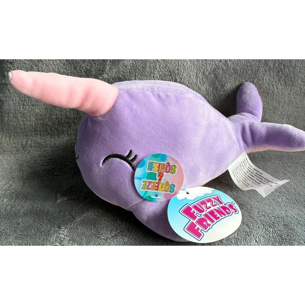 Fuzzy Friends Unicorn Whale Plush Purple Pink 9” Squeeze & Squish Stuffed Animal